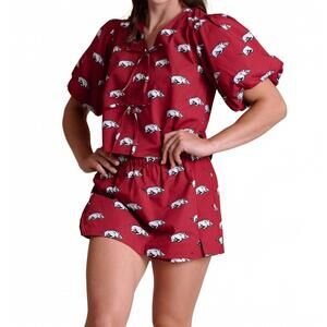 NEW STEWART SIMMONS game day puff sleeve tie top in arkansas
